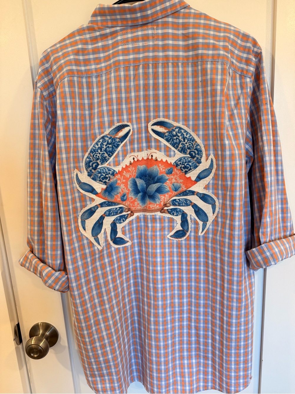 Sandpiper Vintage Blue Crab Appliqué Gingham Shirt